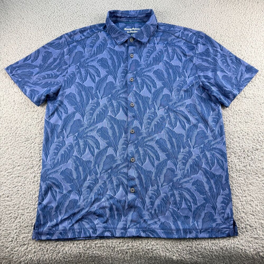 Tommy Bahama Island Zone Polo Shirt Mens Large Blue Leaf Print Stretch Golf Knit